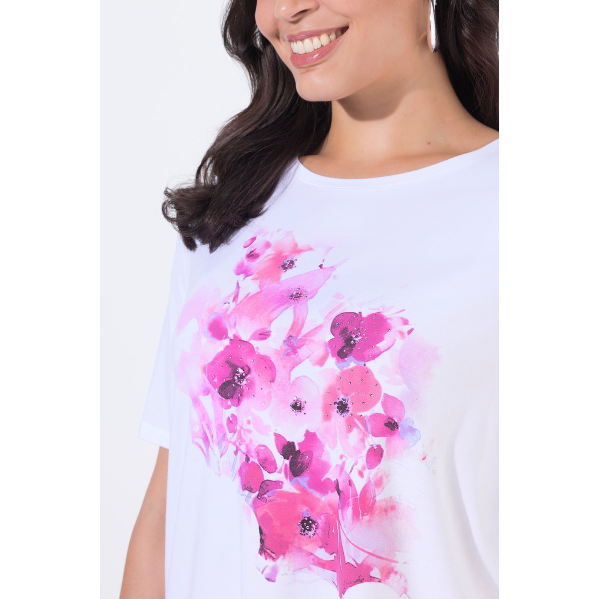 T-shirt en coton Pima, motif à fleurs blanc neige, ULLA POPKEN