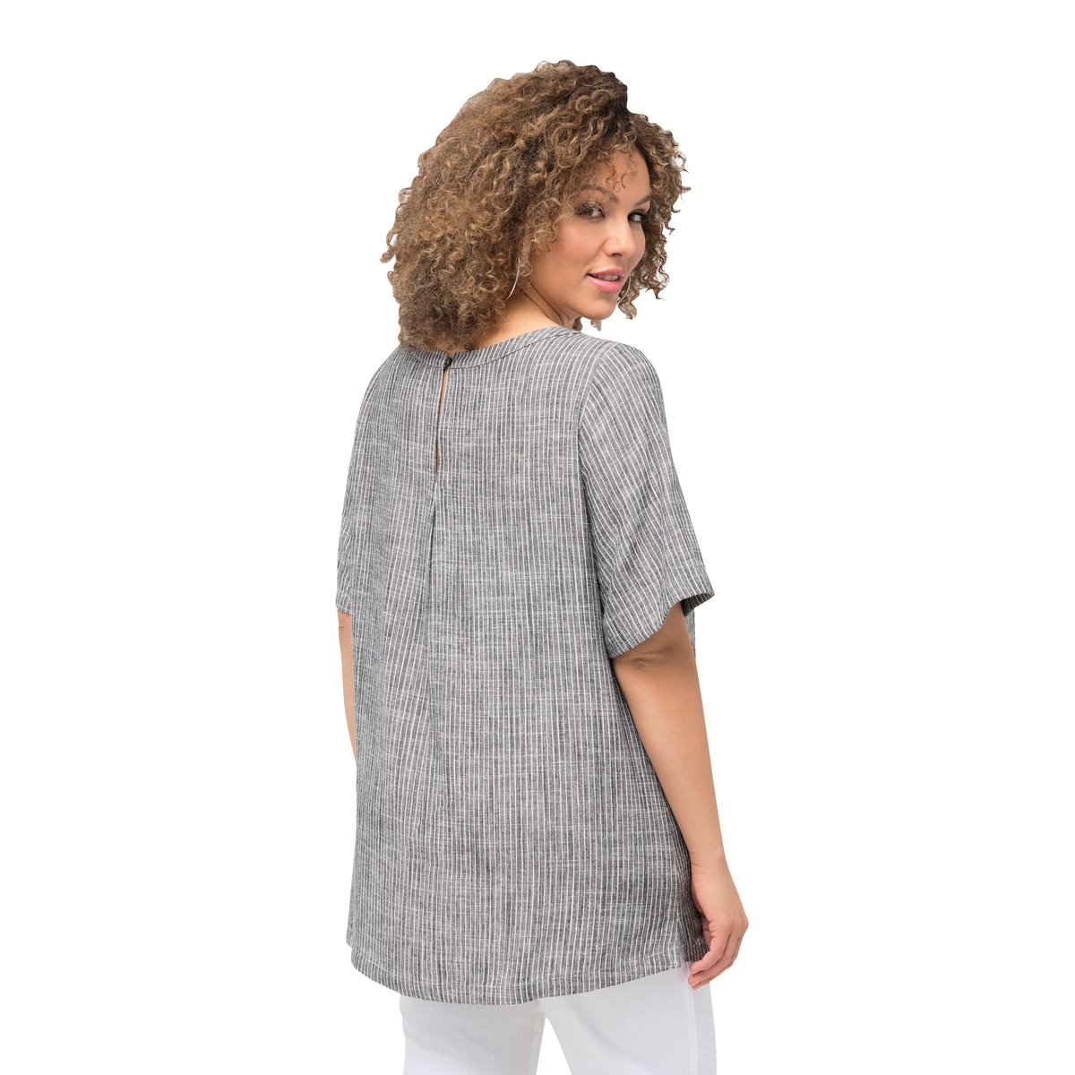 Blouse à rayures en lin mélangé. Encolure gris asphalte, ULLA POPKEN