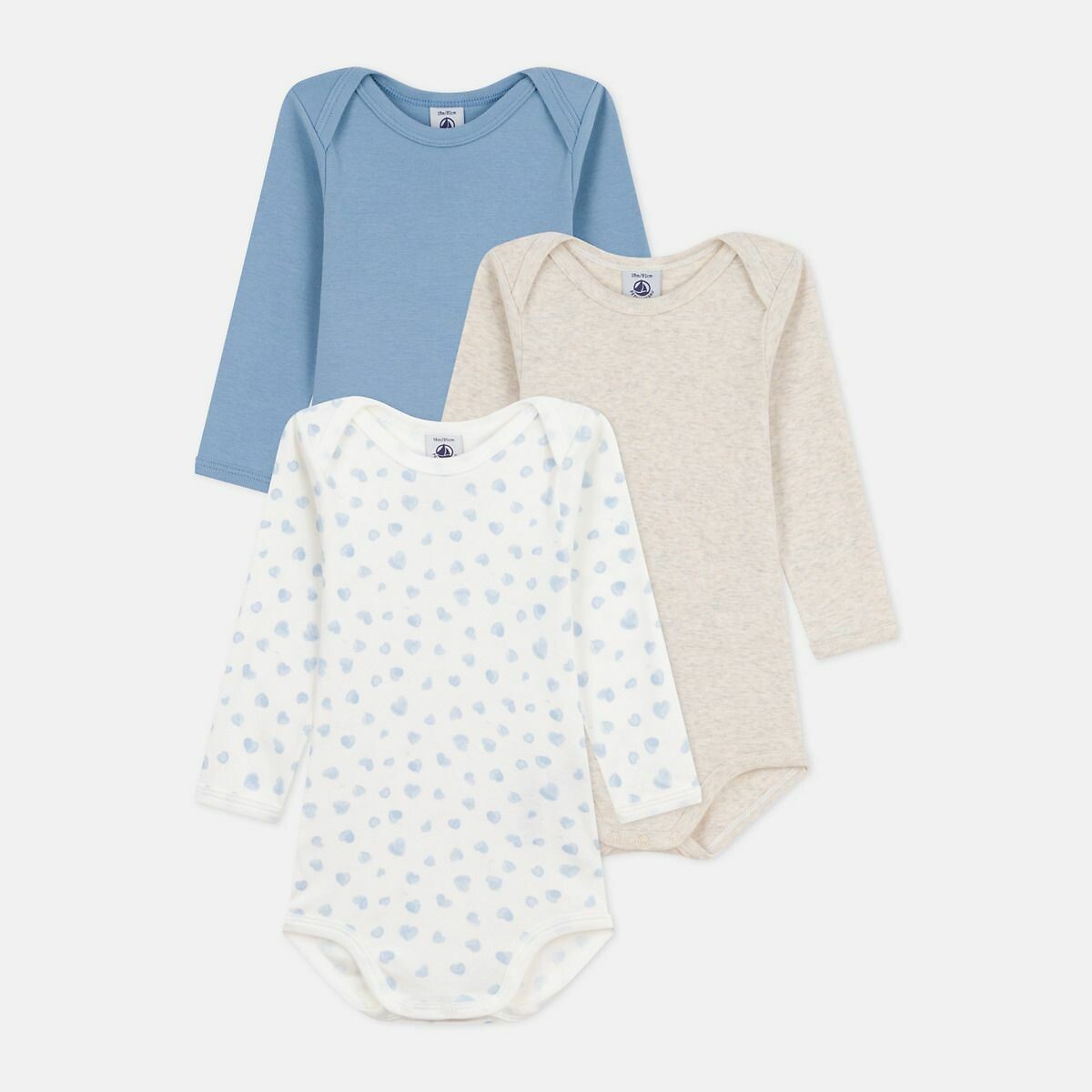 Lot de 3 bodies manches longues imprimé + beige + bleu, PETIT BATEAU