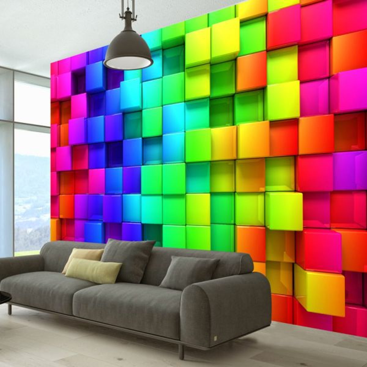 Papier peint intissé panoramique 3D et Perspective Colourful Cubes multicouleur, EDEN