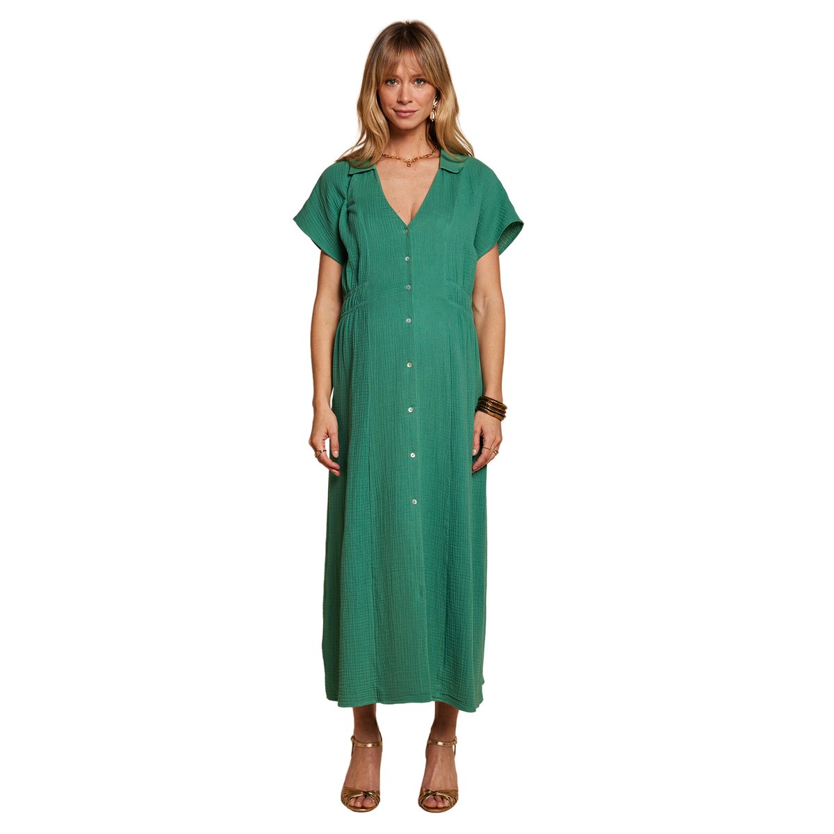 Robe longue col chemise grossesse allaitement vert émeraude, ENVIE DE FRAISE