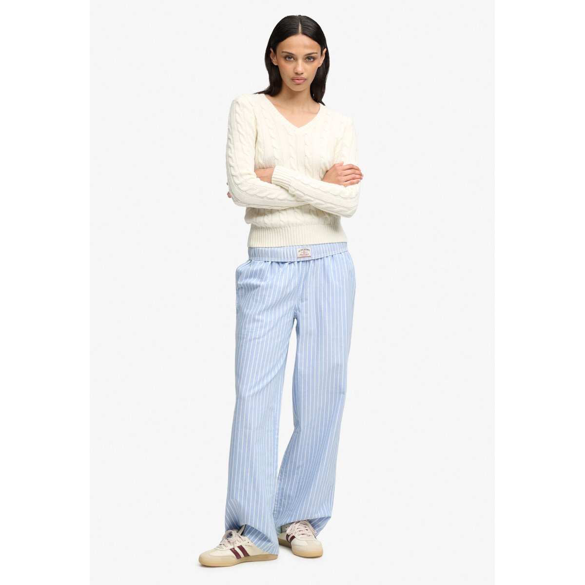 Pull Col V en Maille Torsadée Mélange de Laine crème, SUPERDRY