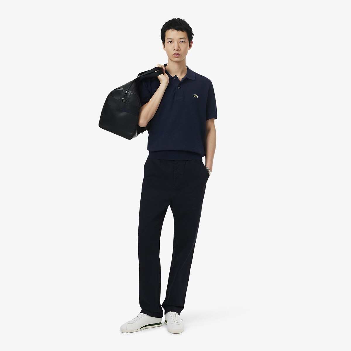 Cotton Fine Knit Garter Stitch Polo Jumper navy blue, LACOSTE