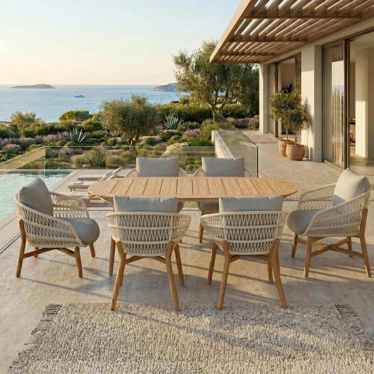 Table de jardin en teck + 6 fauteuils cordage VASCA anthracite, PIER IMPORT