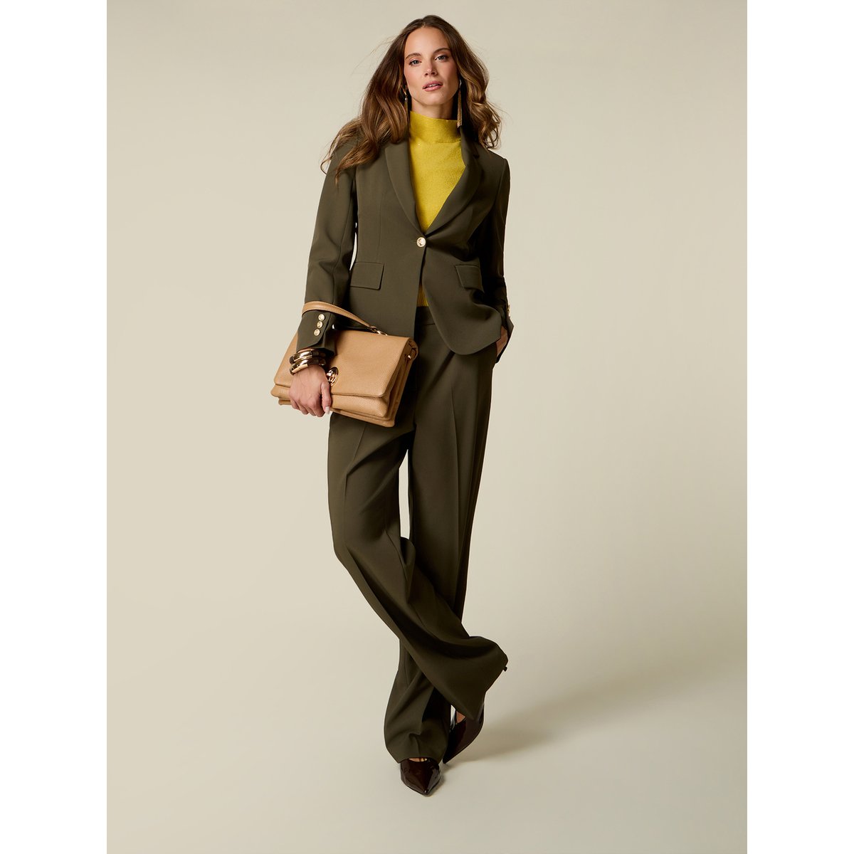 Pantalon palazzo tailleur à pinces verde militare, OLTRE