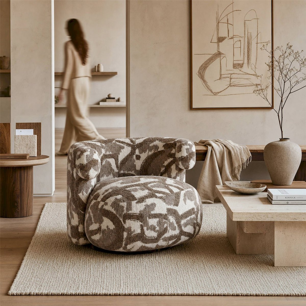 Fauteuil lounge pivotant marron nature, RECOLLECTION