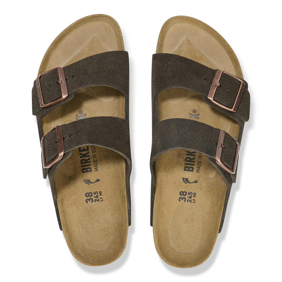 Mules doubles brides en cuir suédé Arizona marron foncé, BIRKENSTOCK