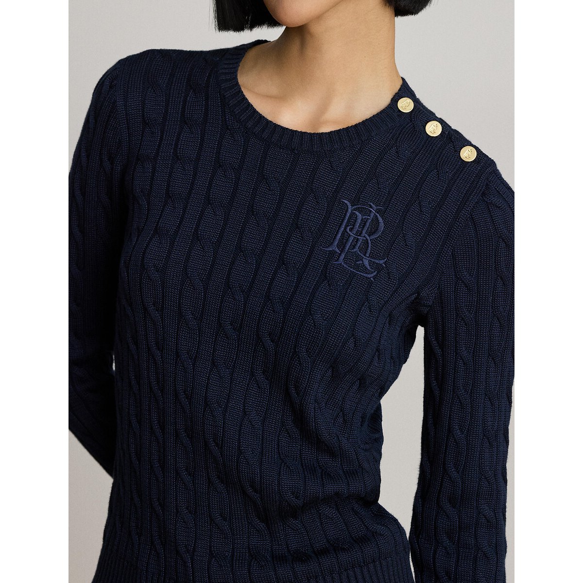 Pull col rond torsadé à manches longues et boutons marine, LAUREN RALPH LAUREN
