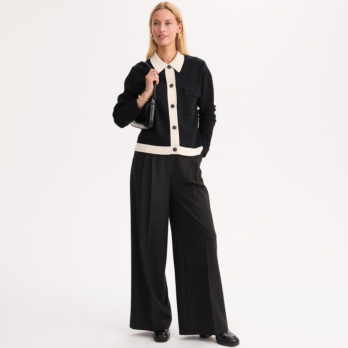 Two-Tone Cotton/Wool Blend Polo Collar Cardigan black/ecru, ANNE WEYBURN