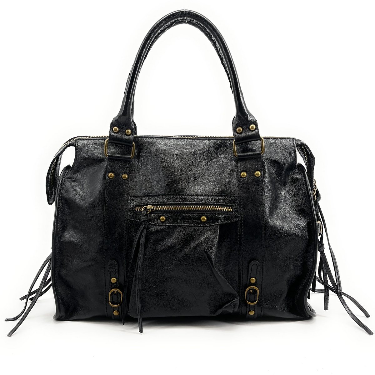 Sac à main noir en cuir brillant italien SANDSTORM GLOSSY noir brillant, OH MY BAG