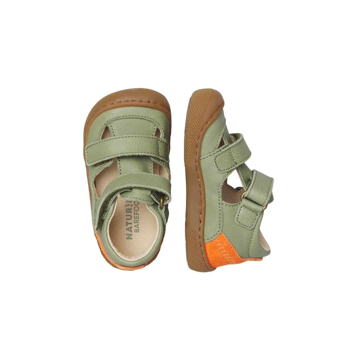 Sandales barefoot en cuir et en daim BAREFOOT IRTYS vert-orange, NATURINO