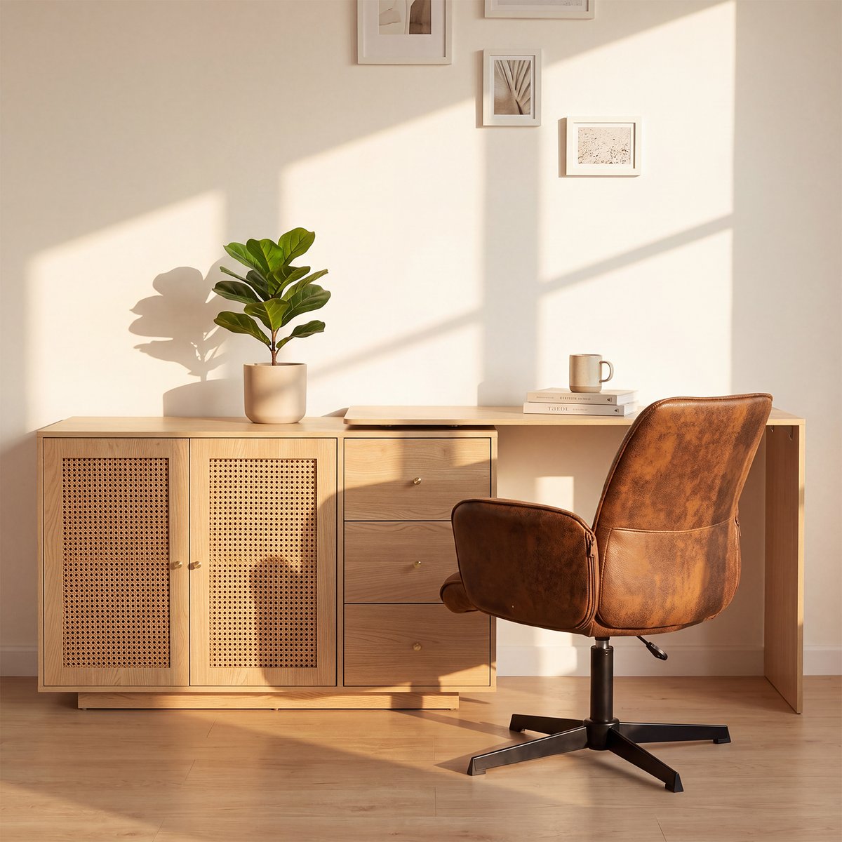 Ensemble de bureau d’angle rotatif avec portes rotin et chaise de bureau, DICCPERNTHOMASINAM marron, MEUBLES COSY