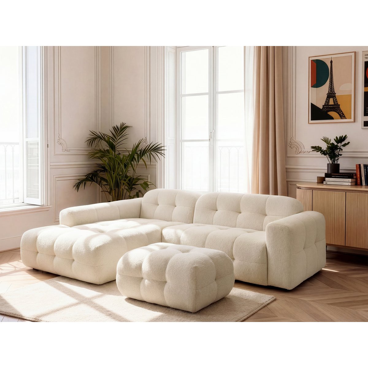 Canapé d'angle fixe 3 places en tissu chiné, LAURA beige, BOBOCHIC