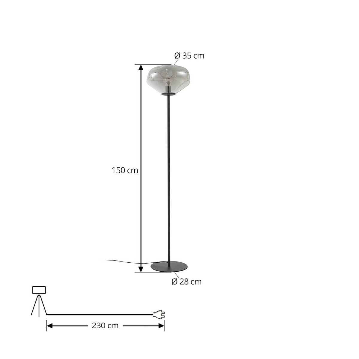 Lampadaire en verre design, Lelia gris fumé, noir sable, LINDBY