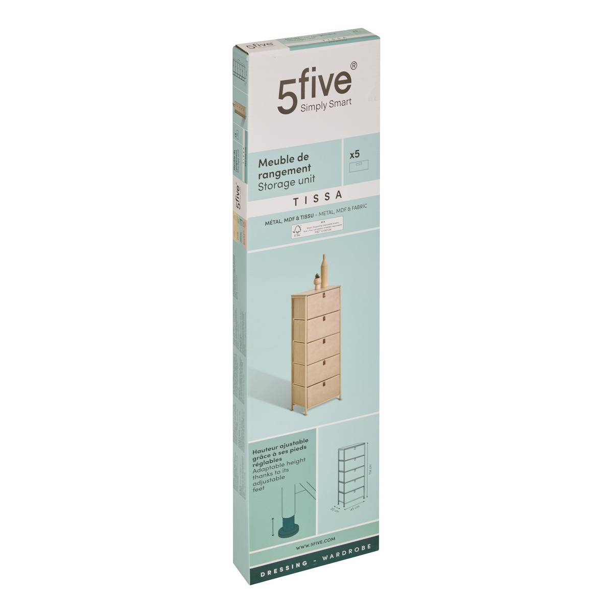 Rangement haut 5 tiroirs en acier et bois TISSA beige, 5FIVE SIMPLY SMART