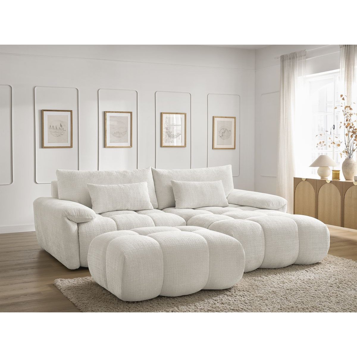 Canapé d'angle fixe 4 places en tissu texturé, IVANE blanc, BOBOCHIC