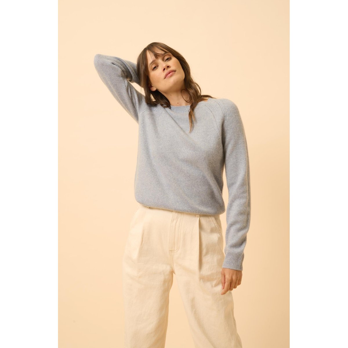 Pull Col Rond 4 Fils Bleu Ivoire Arequipa bleu blanc, JUST CASHMERE