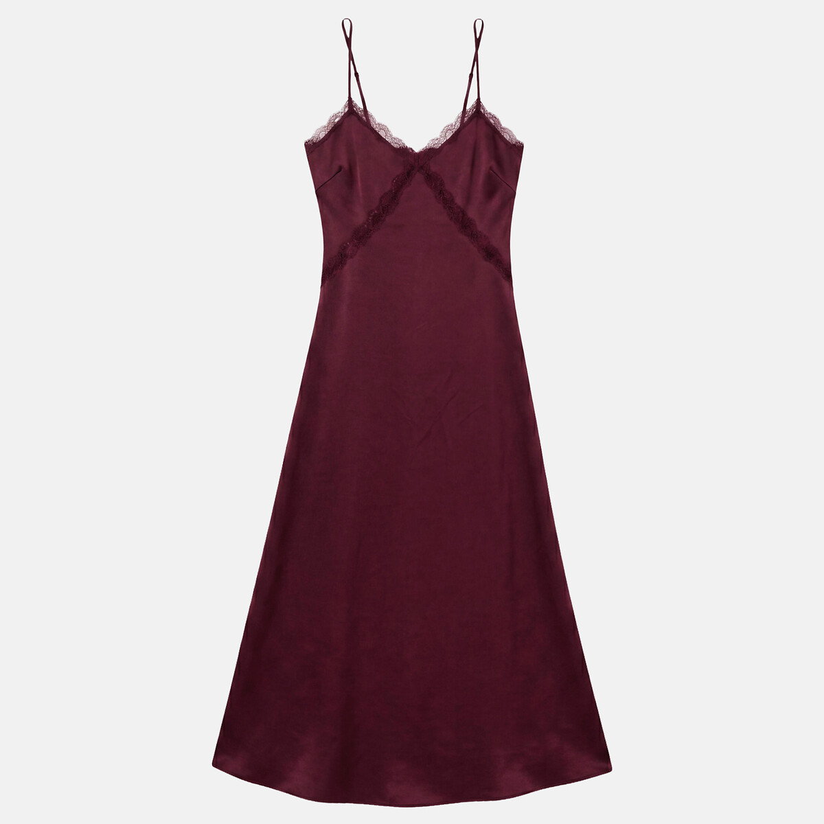 Vestido comprido de cetim com alças finas e renda bordeaux, LA REDOUTE COLLECTIONS