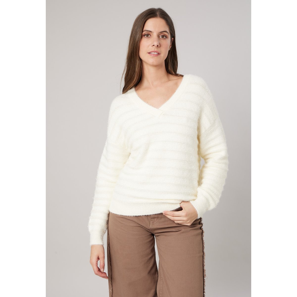 Pull femme ample duveteux rayures brillantes MILIENA off white, DEELUXE