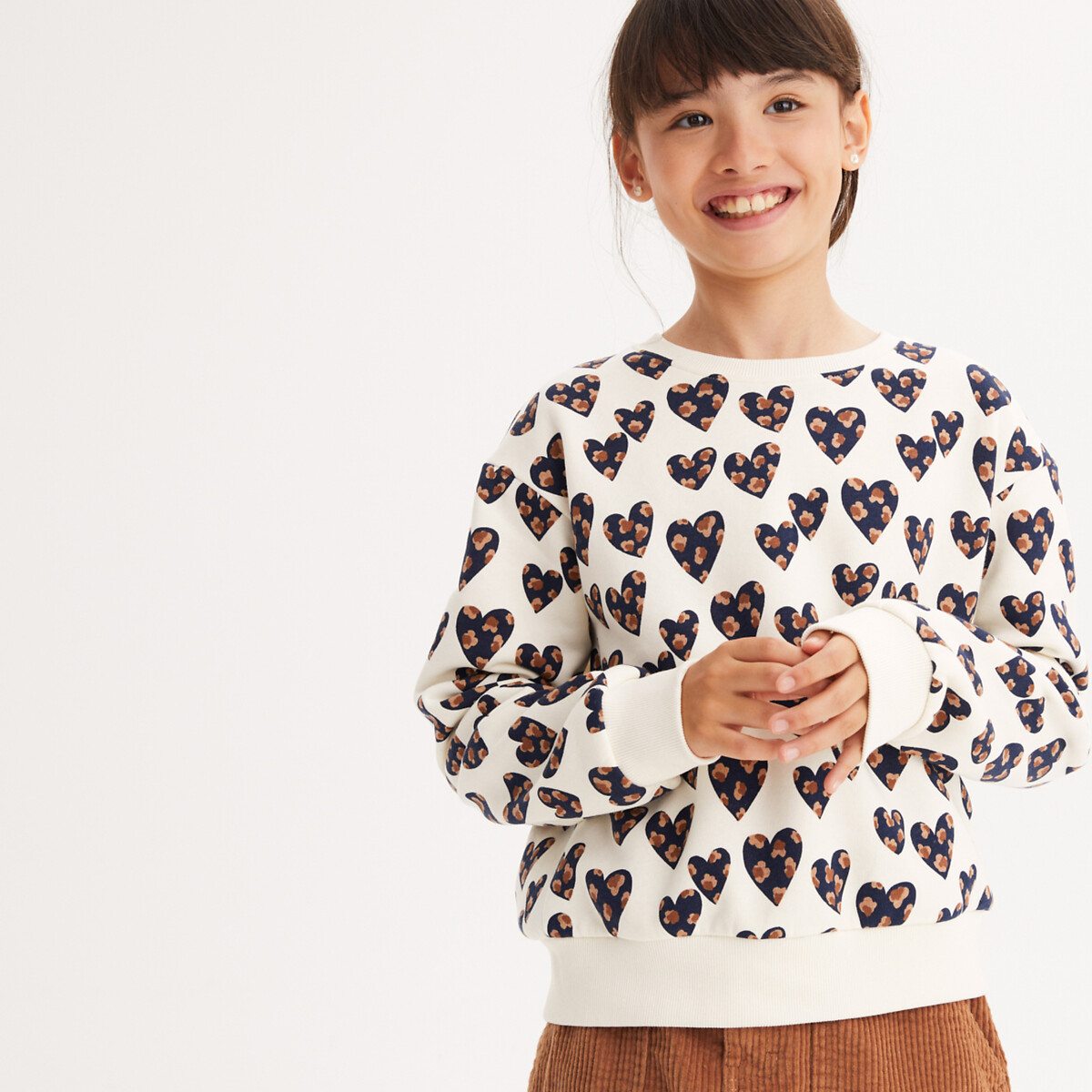 Heart Print Sweatshirt in Cotton Mix with Crew Neck ecru print, LA REDOUTE COLLECTIONS