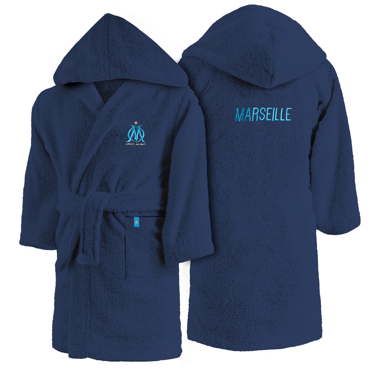 Peignoir enfant brodé 100% coton, OM RUBAN bleu marine, OLYMPIQUE DE MARSEILLE