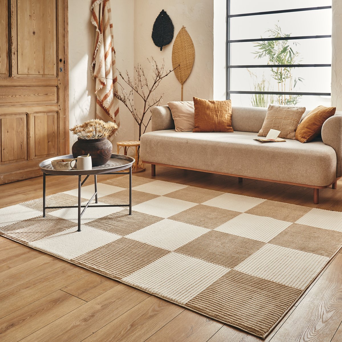 Tapis de salon damier bicolore BIANCA crème, NAZAR RUGS