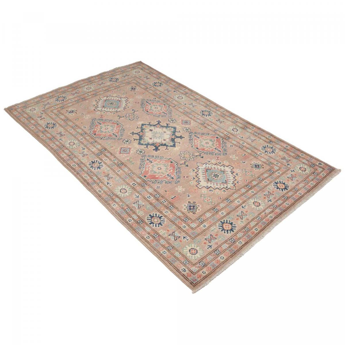 Tapis salon géométrique noué main, authentique en laine naturelle rose, bleu, ivoire, vert, UN AMOUR DE TAPIS