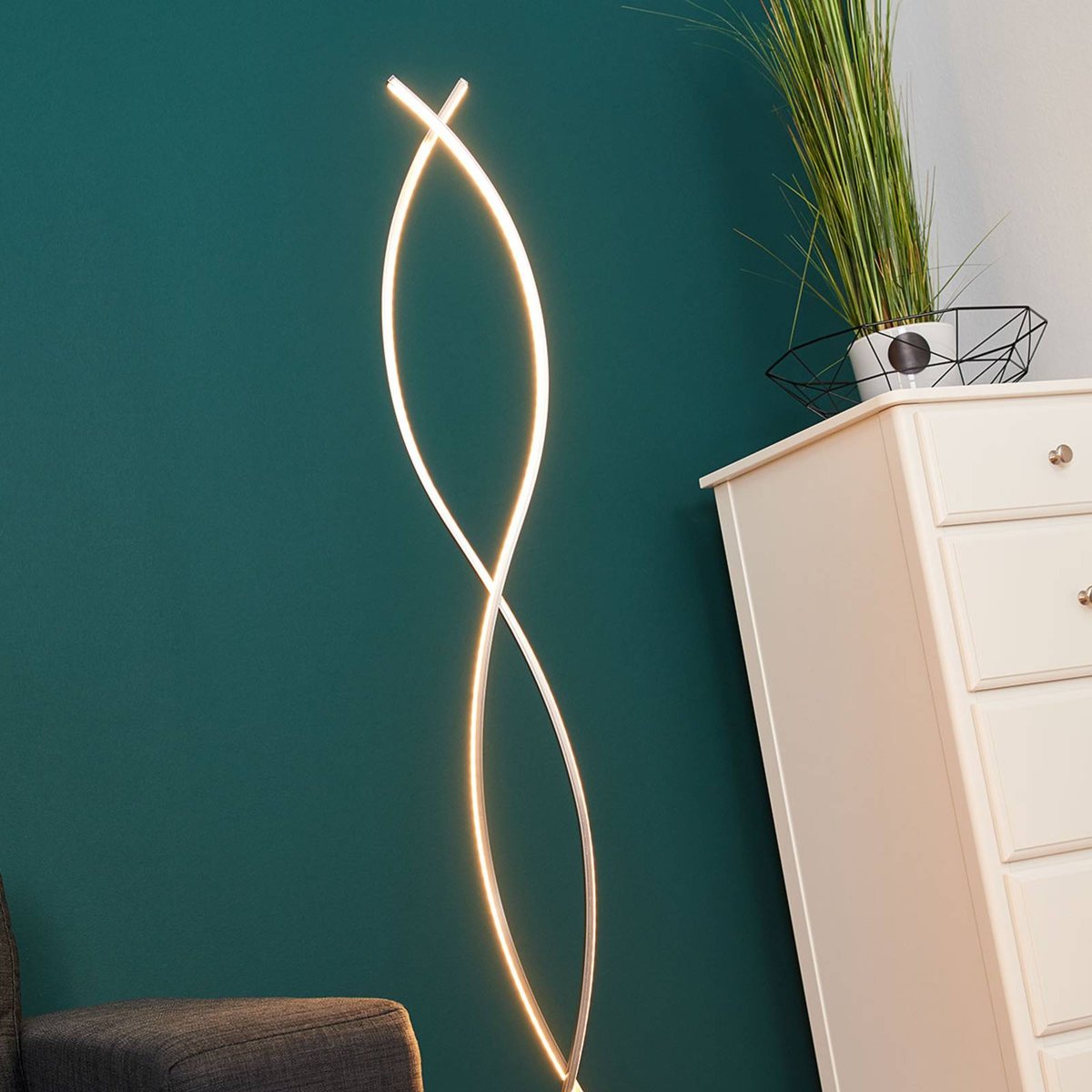 Lampadaire en aluminium moderneLED, Bobi nickel mat, blanc, LINDBY