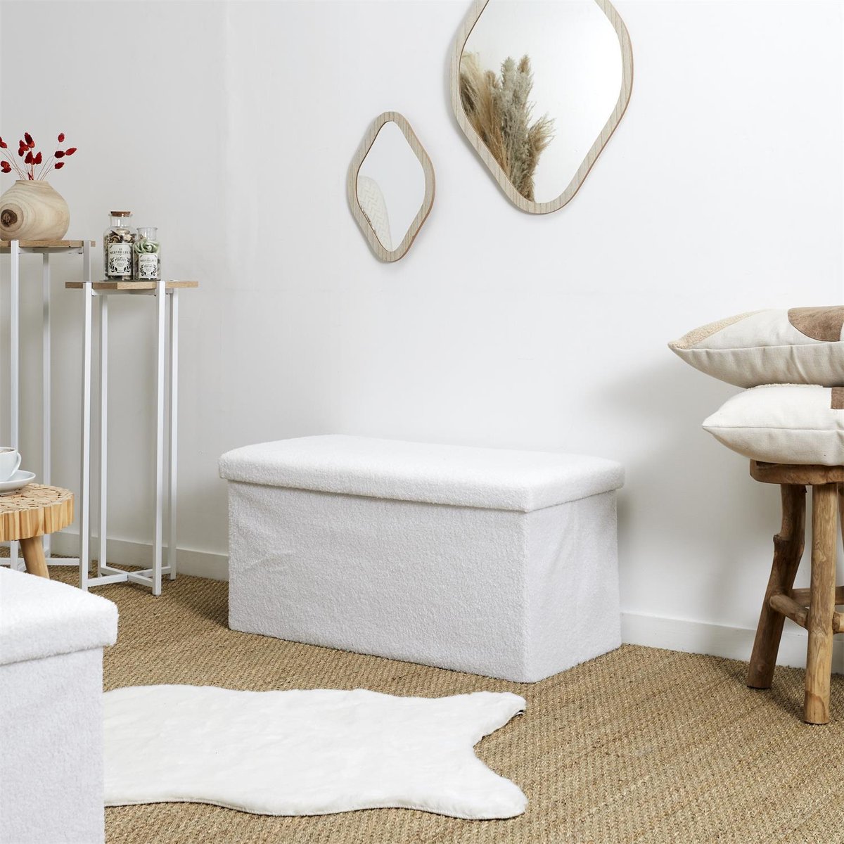 Banc coffre pliable en bouclette blanc blanc, EDEN