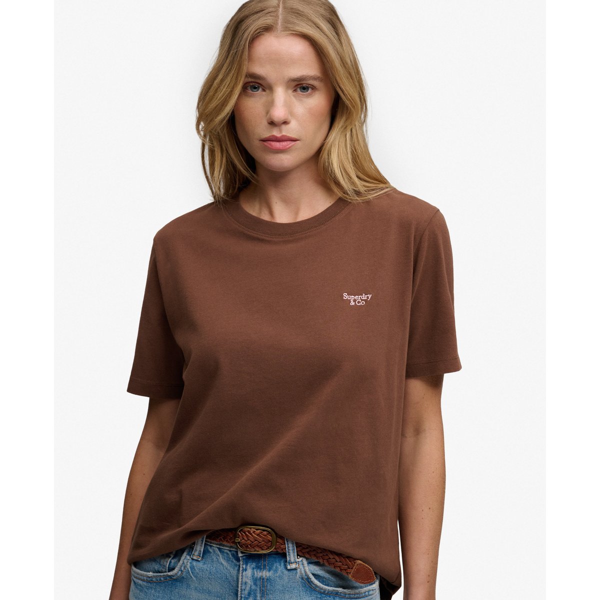 T-shirt Signature Embroidered coupe décontractée marron châtaigne, SUPERDRY
