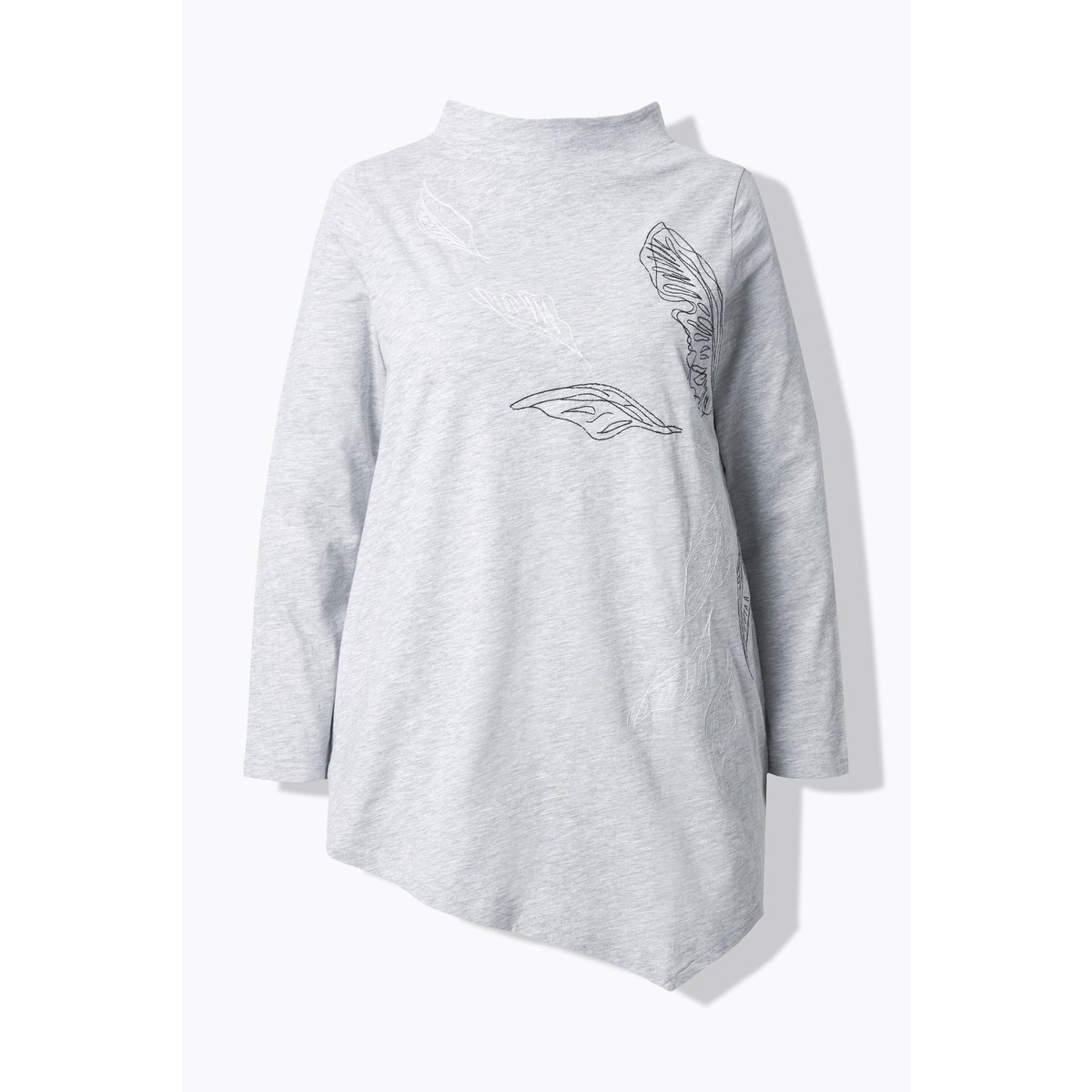 T-shirt long à col montant et manches gris chiné, ULLA POPKEN