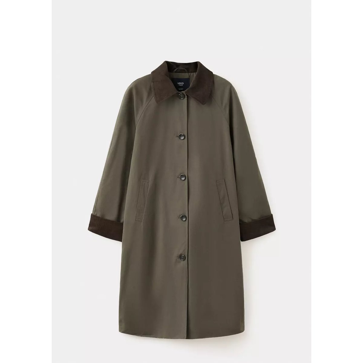 Trench long en coton avec col en velours côtelé vert foncé, MANGO TEEN