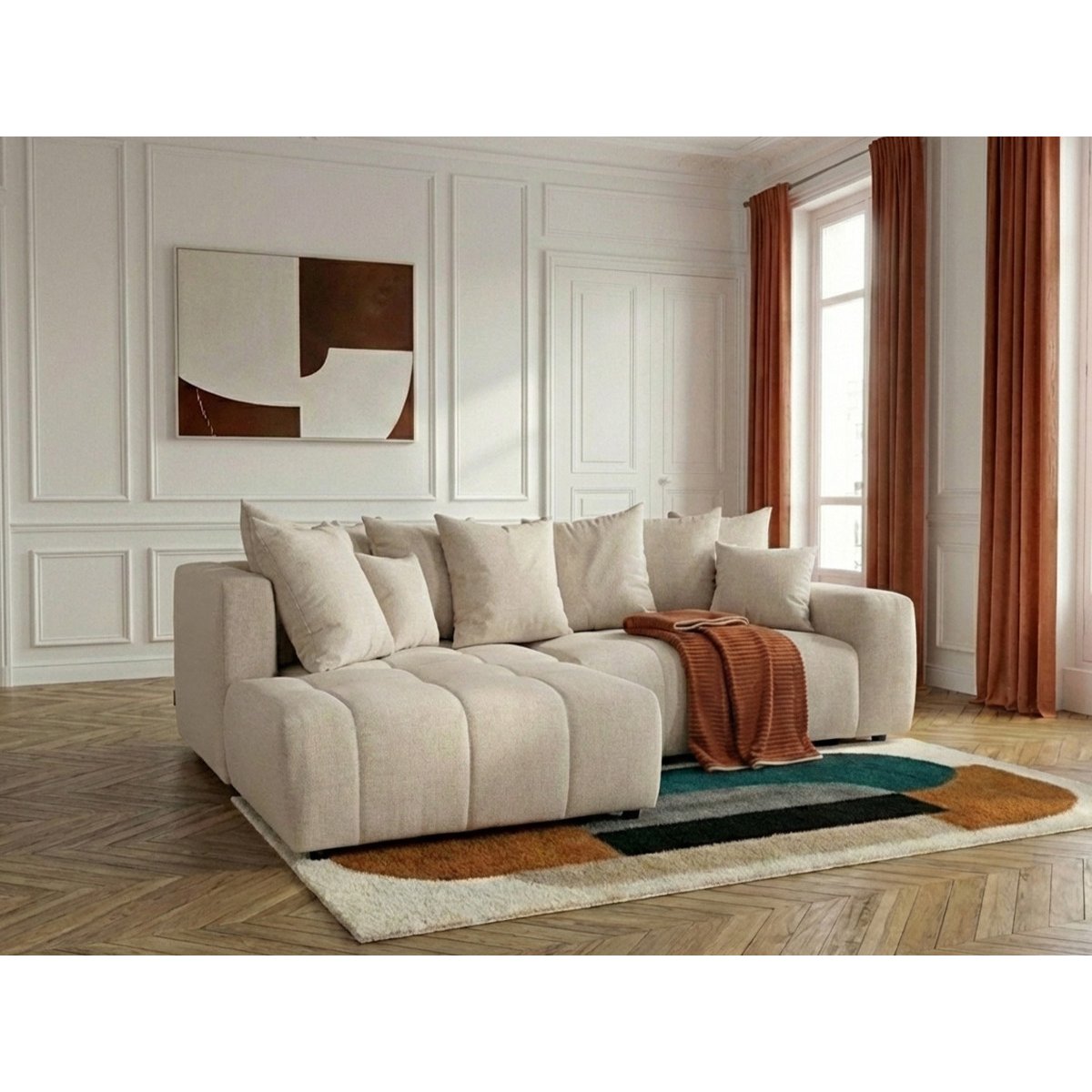 Canapé d'angle convertible 4 places en tissu chiné, ROXELANE beige, BOBOCHIC