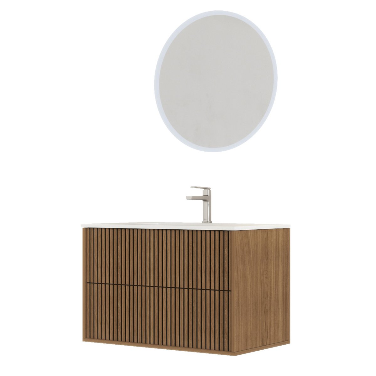 Meuble de salle de bain suspendu avec façade crantée, vasque(s) et miroir(s) LED naturel, HOME MAISON