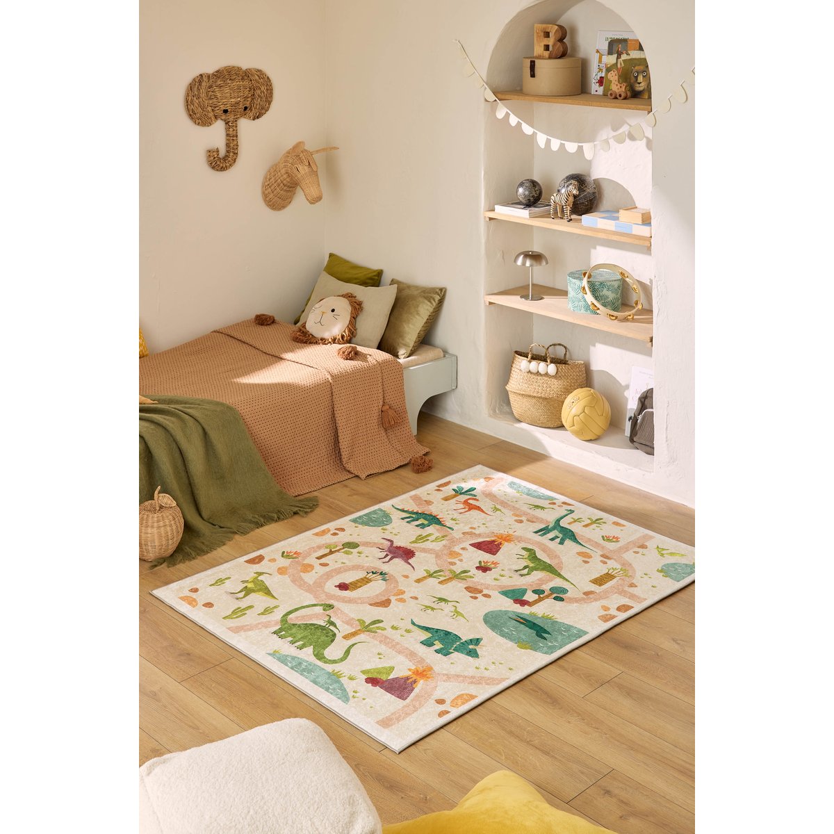Tapis enfant lavable en machine, motif dinosaure HAPPY couleur unique, NAZAR RUGS
