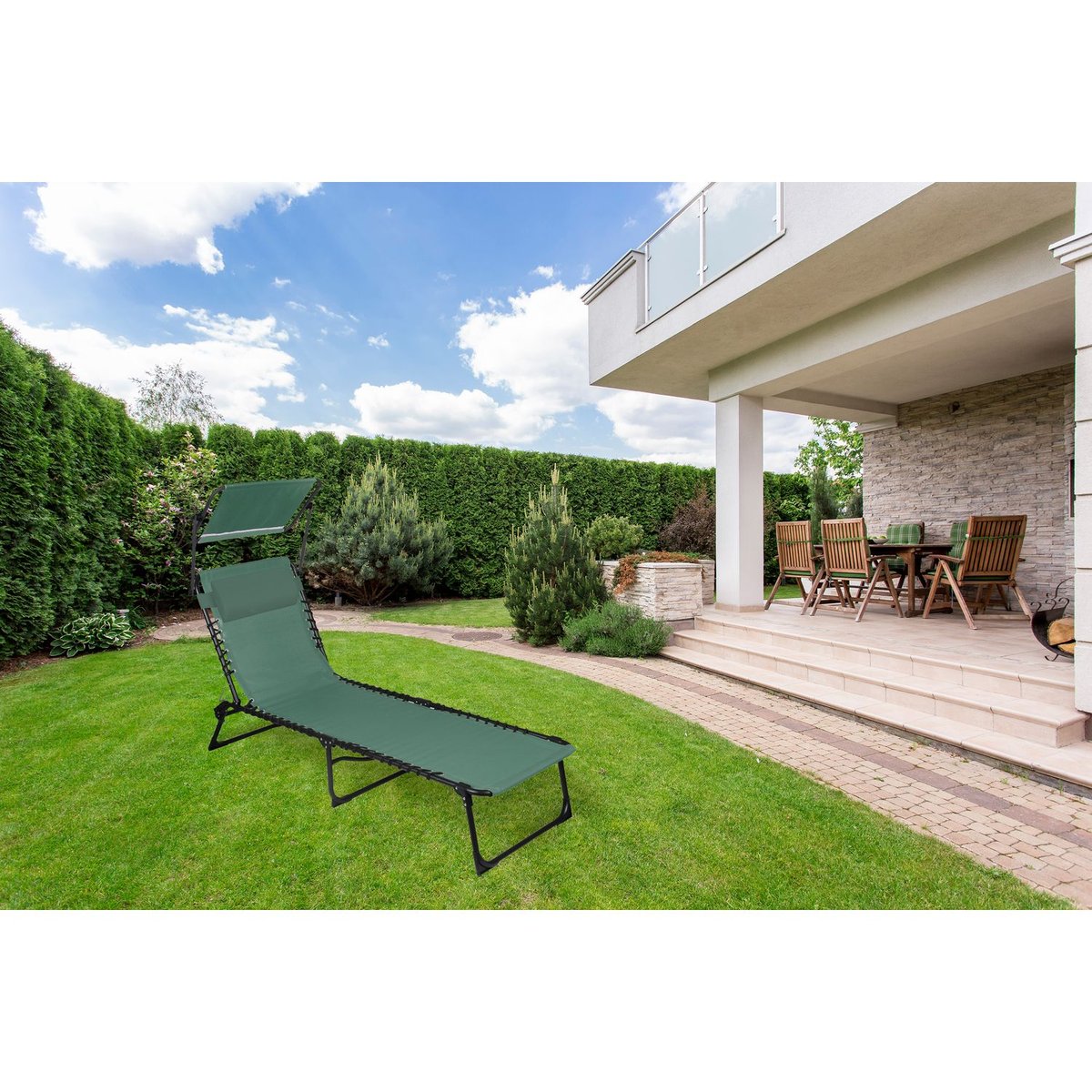 Lot de 2 bains de soleil avec coussin et pare-soleil inclinable vert, TOILINUX