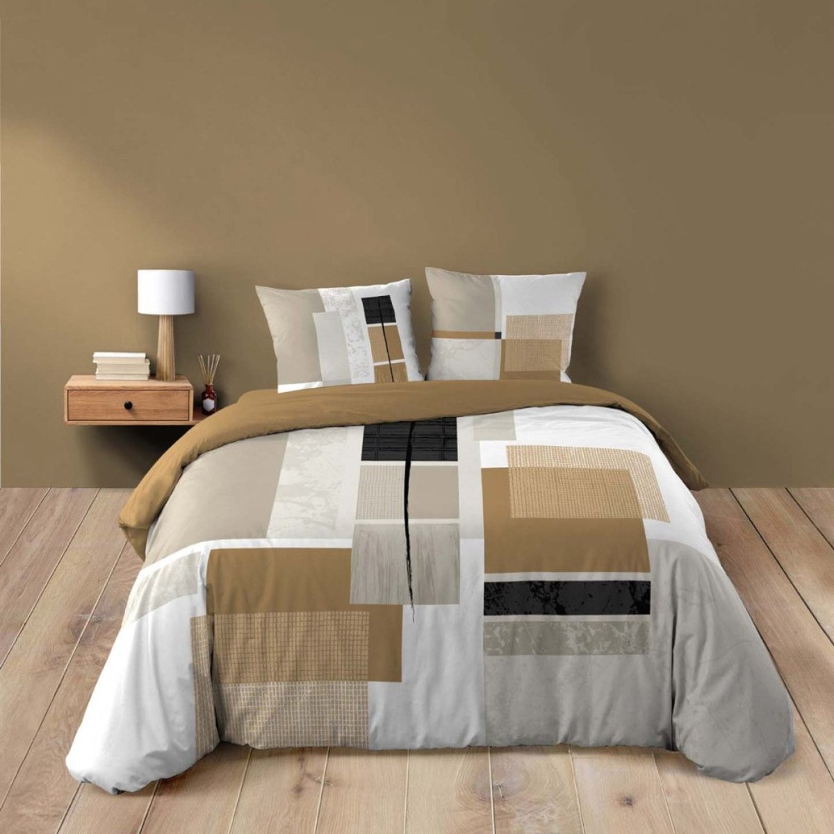 Housse de couette 100% coton finition pression + 2 taies d’oreiller multicolore, DECORATIE