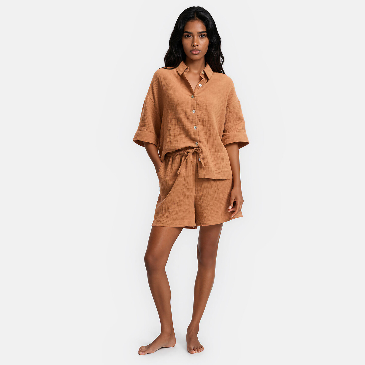 Signatures Margot Short Pyjamas in Cotton Muslin caramel , LA REDOUTE COLLECTIONS