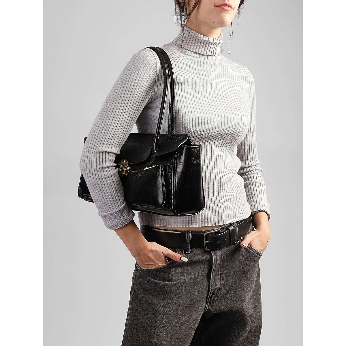 Baguette Shiny sauvage cuir nero, MILANO