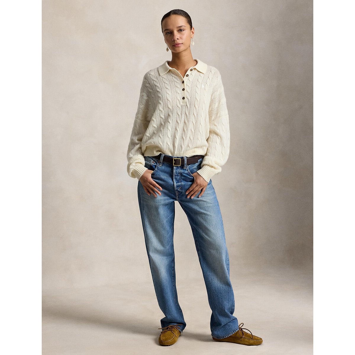 Pull col polo torsadé, 90% laine 10% cachemire crème, POLO RALPH LAUREN