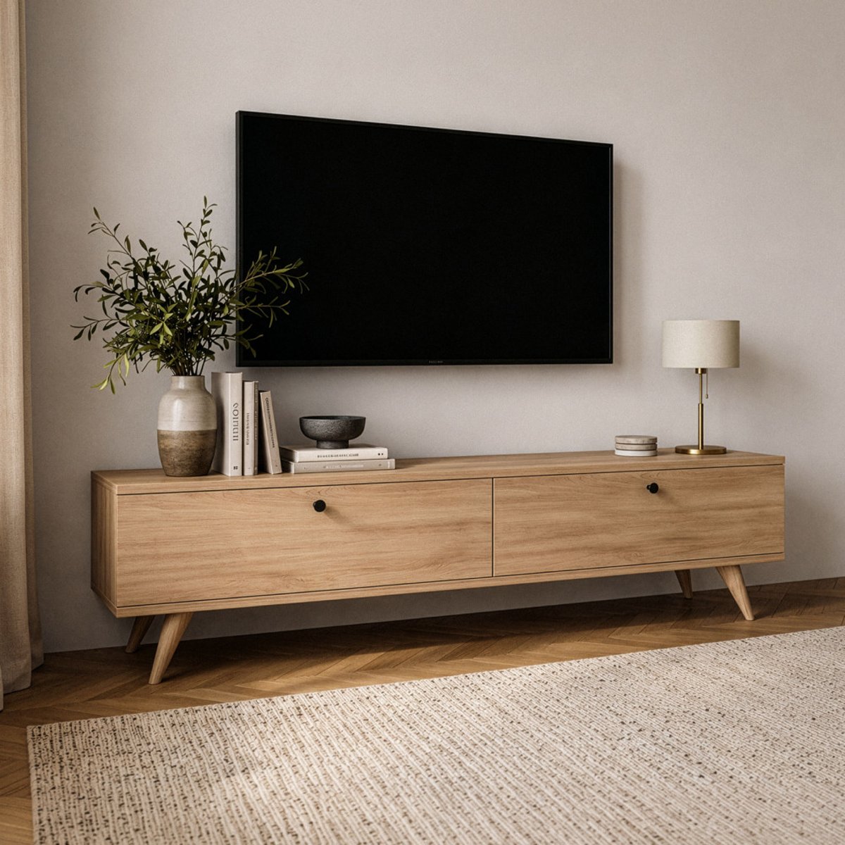 Meuble TV 2 portes en bois L140cm- YARA bois clair, DRAWER