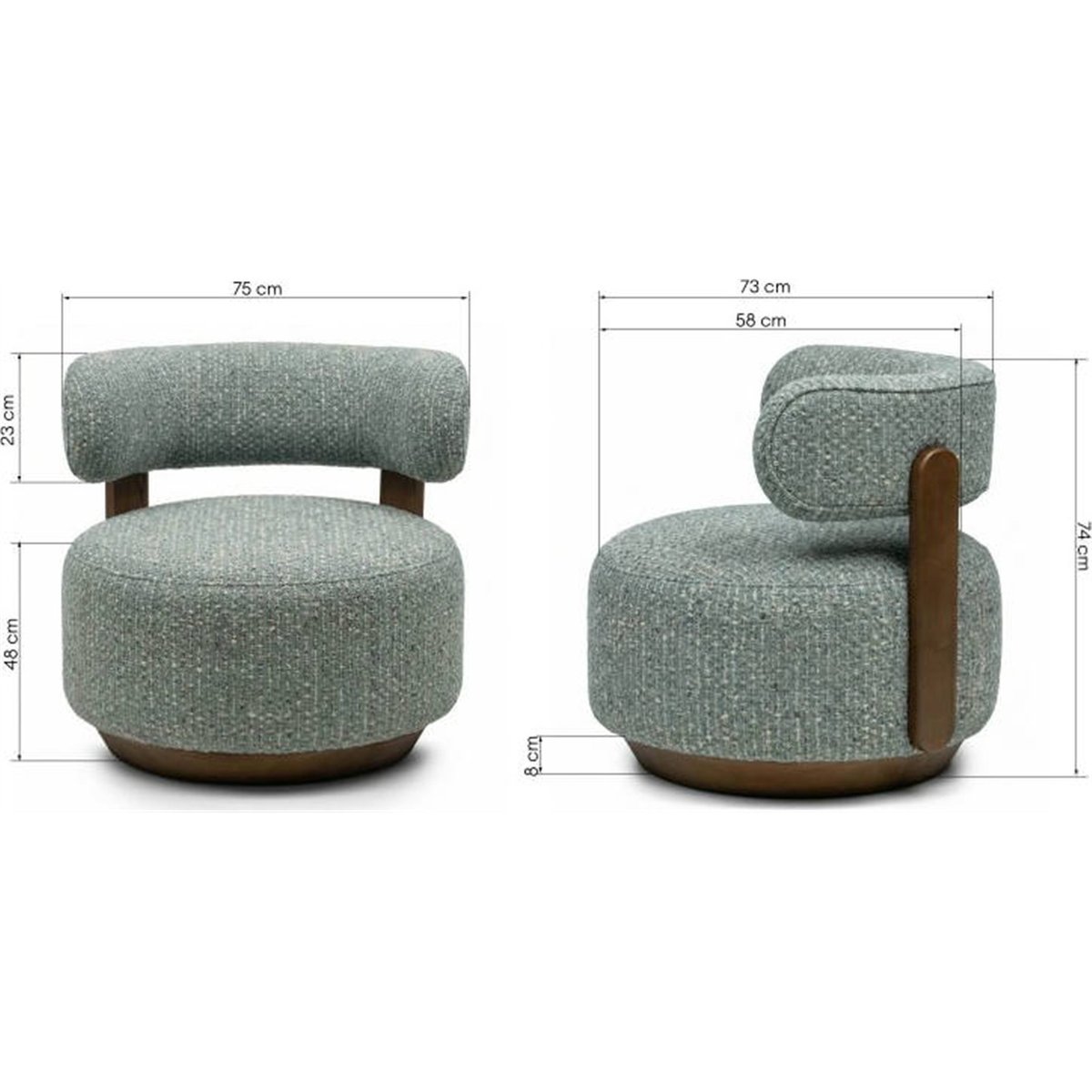 Fauteuil lounge arrondi tissu et noyer bleu beige et noyer, RECOLLECTION