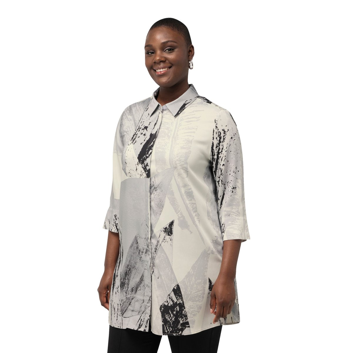 Blouse longue à motif plumes noir, ULLA POPKEN
