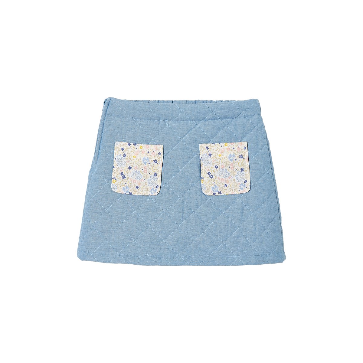 Jupe en denim matelassé poches imprimées fleurs double stone, VERTBAUDET