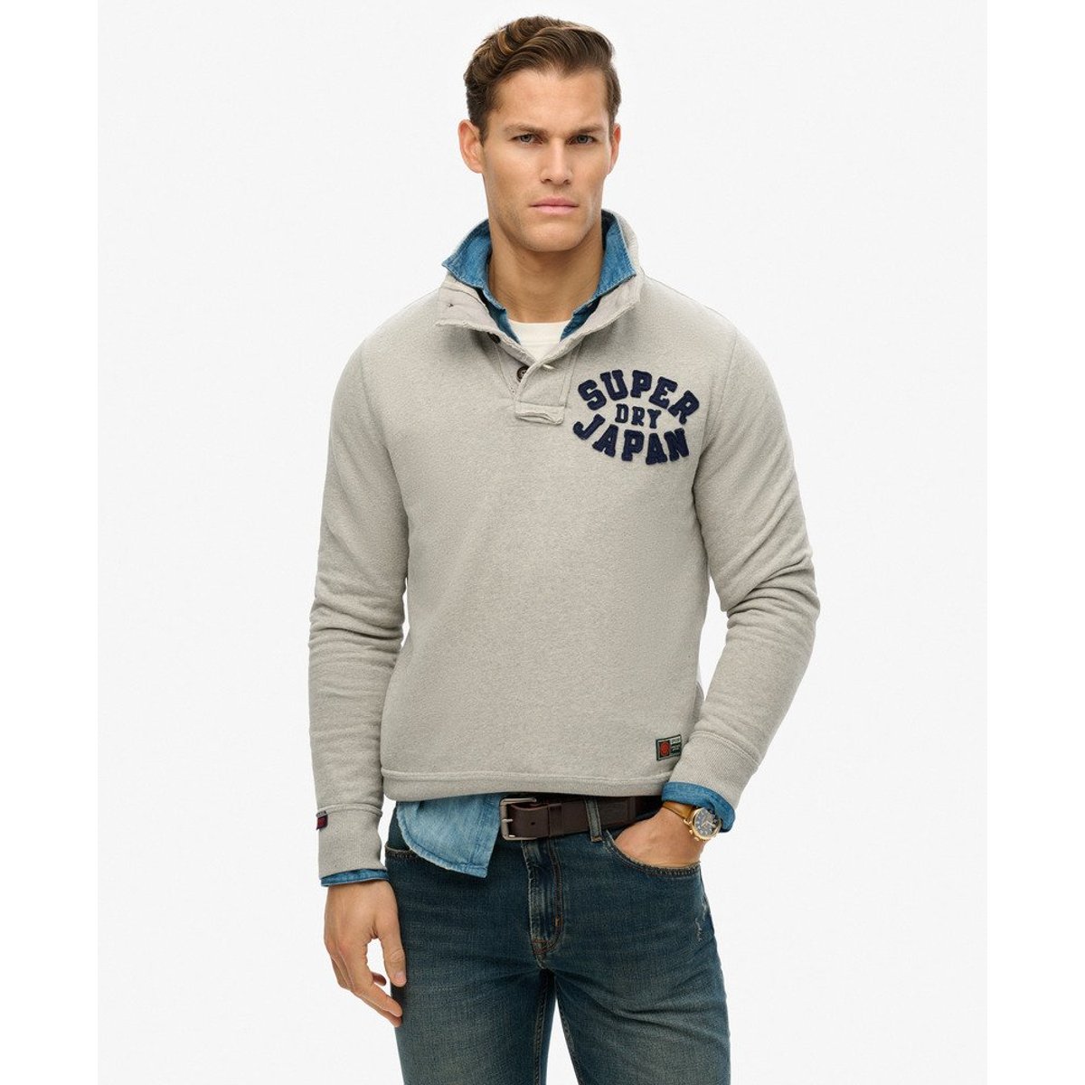 Sweatshirt Henley Vintage Athletic sweat vintage gris clair chiné, SUPERDRY