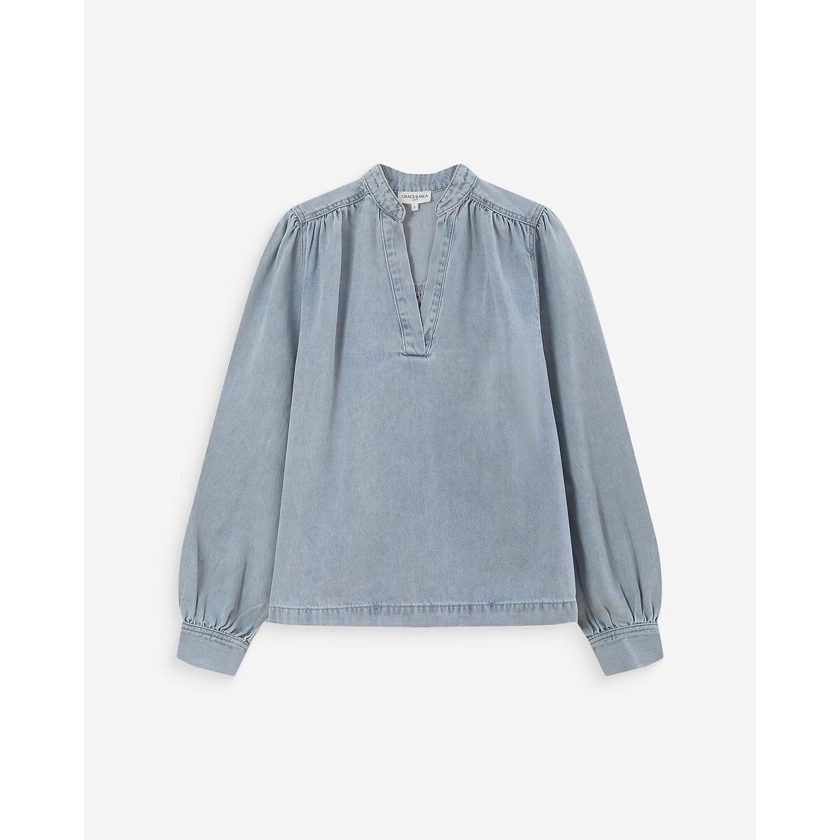 Blouse en denim col V VALORY denim bleu clair, GRACE & MILA