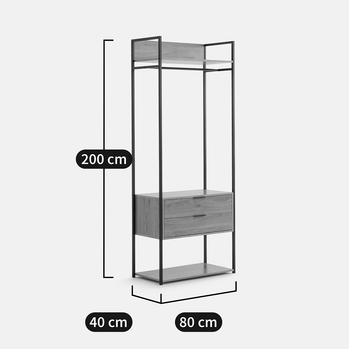 Módulo de vestidor, 2 cajones, barra para colgar, OAKI negro/madera, LA REDOUTE INTERIEURS