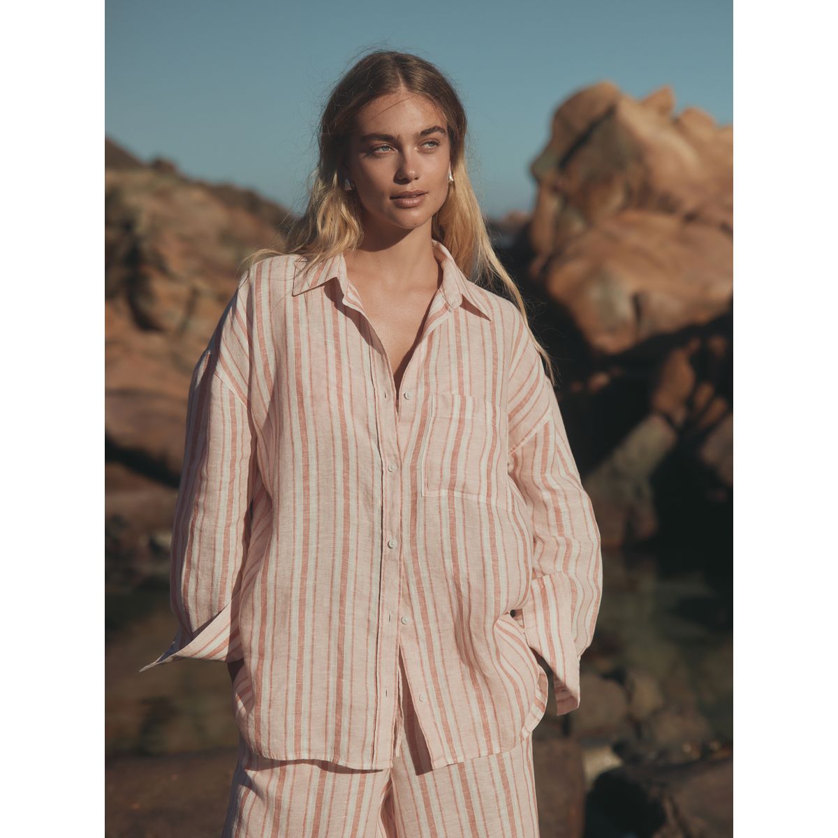 Chemise lin n. premium rayures abricot, NEXT