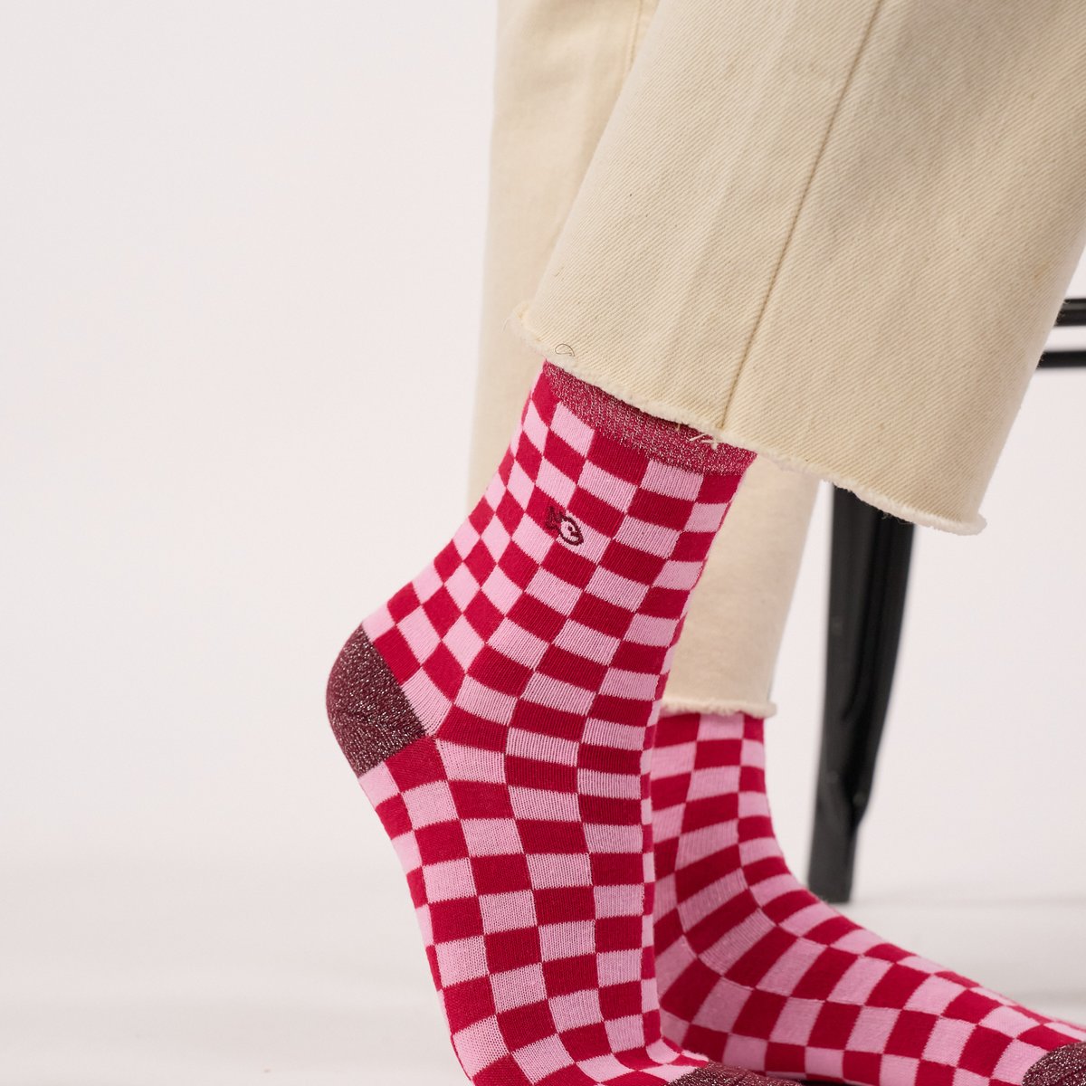 Chaussettes en coton peigné CARREAUX rouge et rose, BILLYBELT