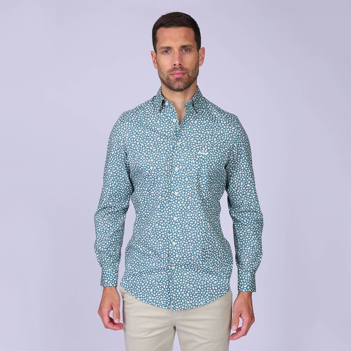 Chemise fleurie cintrée Hulric bleu mineral, MISE AU GREEN